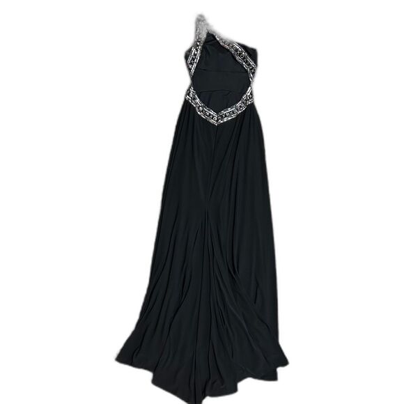 Betsy & Adam Black One Shoulder Long Formal Gown with Silver Bead Detail Size 6 - Picture 9 of 15